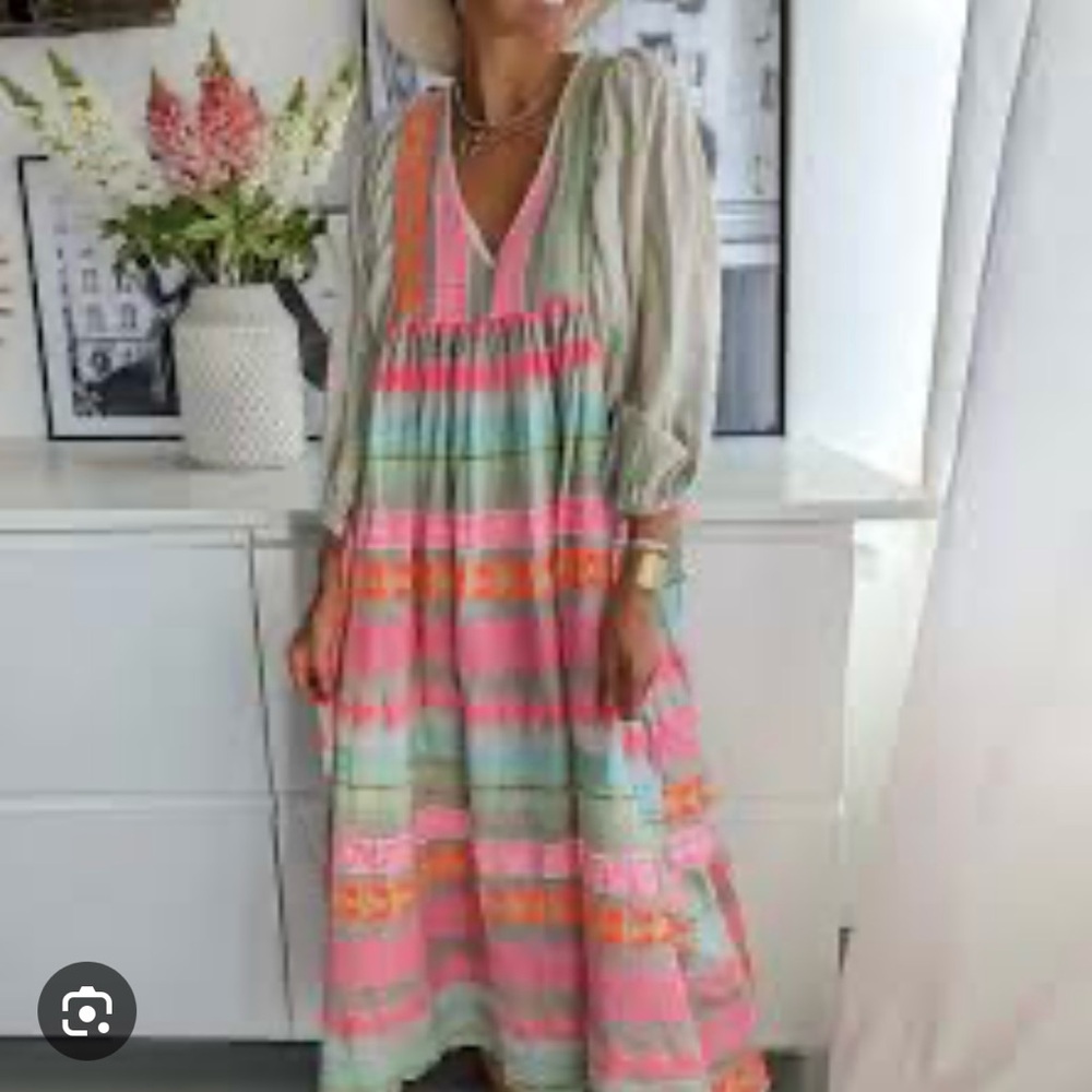 Weywi Pink Greek Key and Orange Chain striped midi Dress.  Medium.